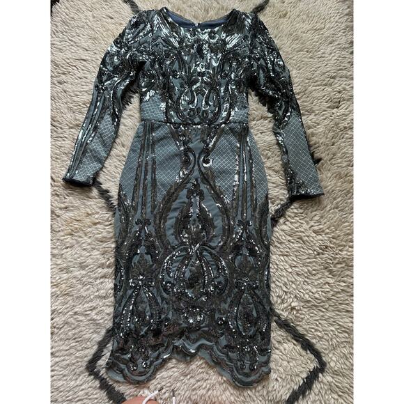 Betsy & Adam Sequin Bodycon Cocktail Dress Size 2 teal glam knee high long - Picture 2 of 16
